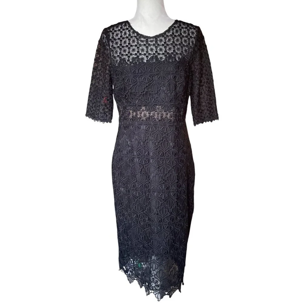 Anthropologie ML Monique Lhuillier Black Floral Lace Sheath Dress Sz 10 - Picture 1 of 16